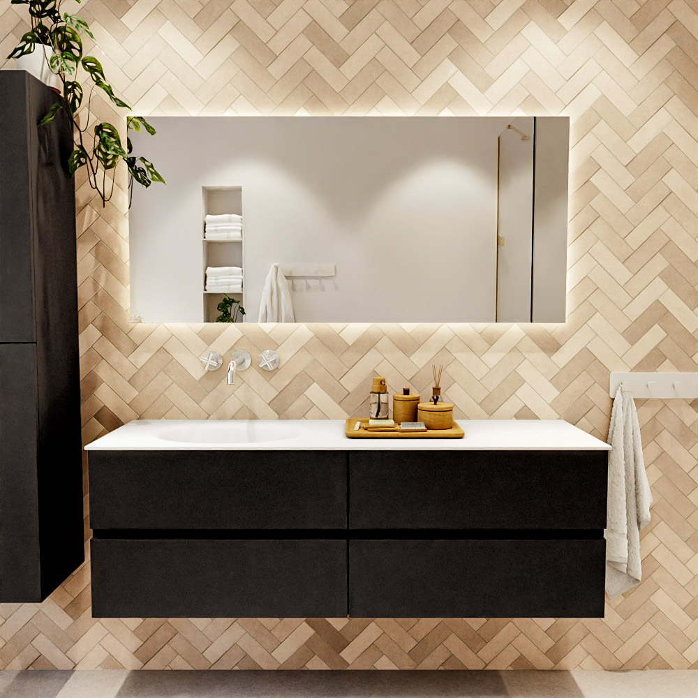 MONDIAZ VICA 150cm mueble de baño Urban 4 cajones. Lavabo MOON Izquierda sin orificio, color Talc. 2 color Talc.