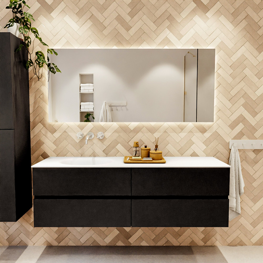 MONDIAZ VICA 160cm mueble de baño Urban 4 cajones. Lavabo MOON Izquierda sin orificio, color Talc. 2 color Talc.