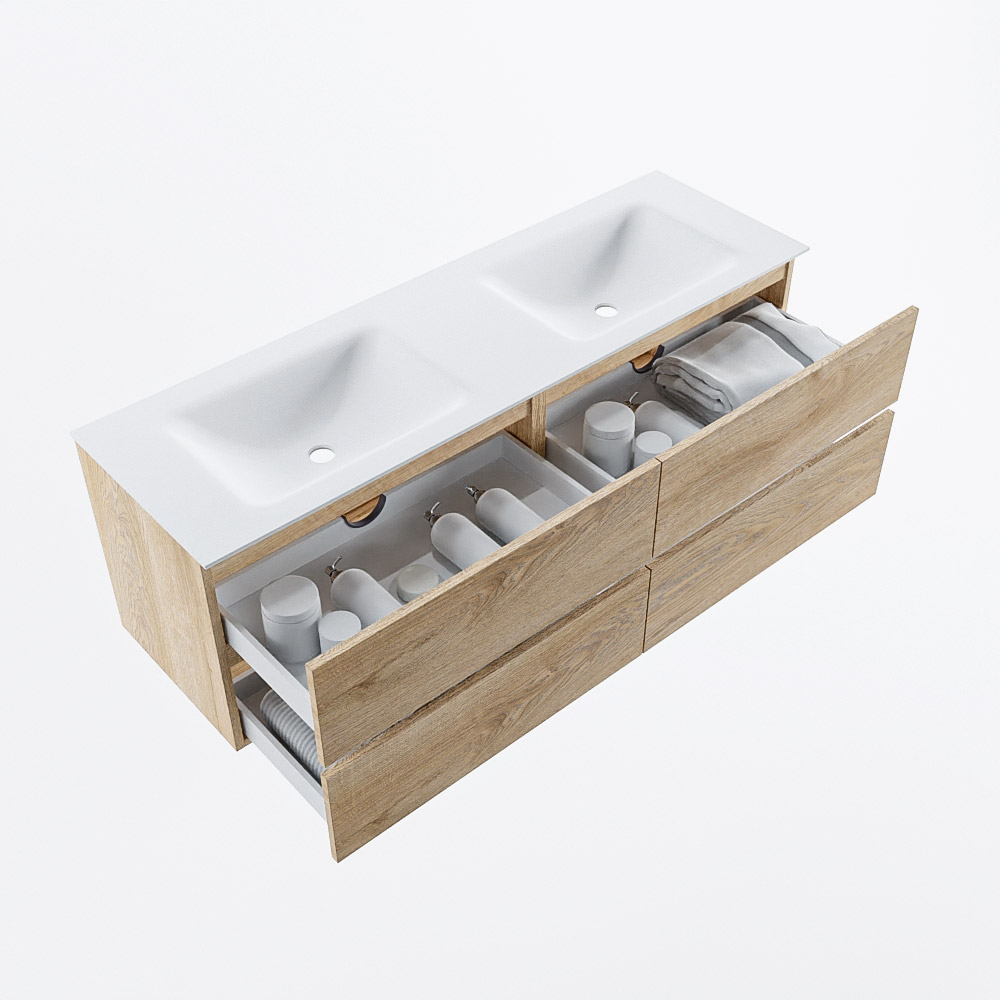 MONDIAZ VICA 150cm mueble de baño Washed Oak 4 cajones. Lavabo CLOUD Doble sin orificio, color Talc. 7 MONDIAZ VICA 150cm mueble de baño Washed Oak 4 cajones. Lavabo CLOUD Doble sin orificio, color Talc. - Imagen 7