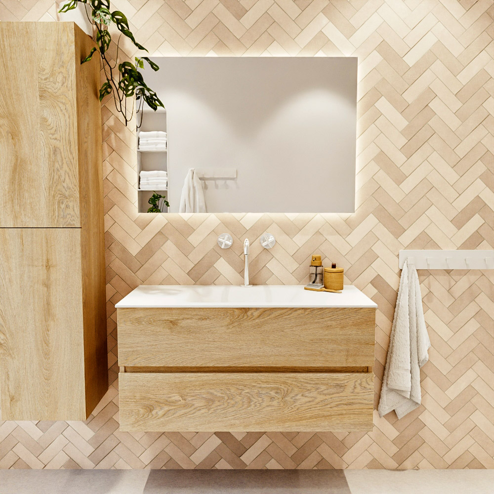 MONDIAZ VICA 100cm mueble de baño Washed Oak 2 cajones. Lavabo CLOUD Centro 1 orificio, color Talc. 2 color Talc.