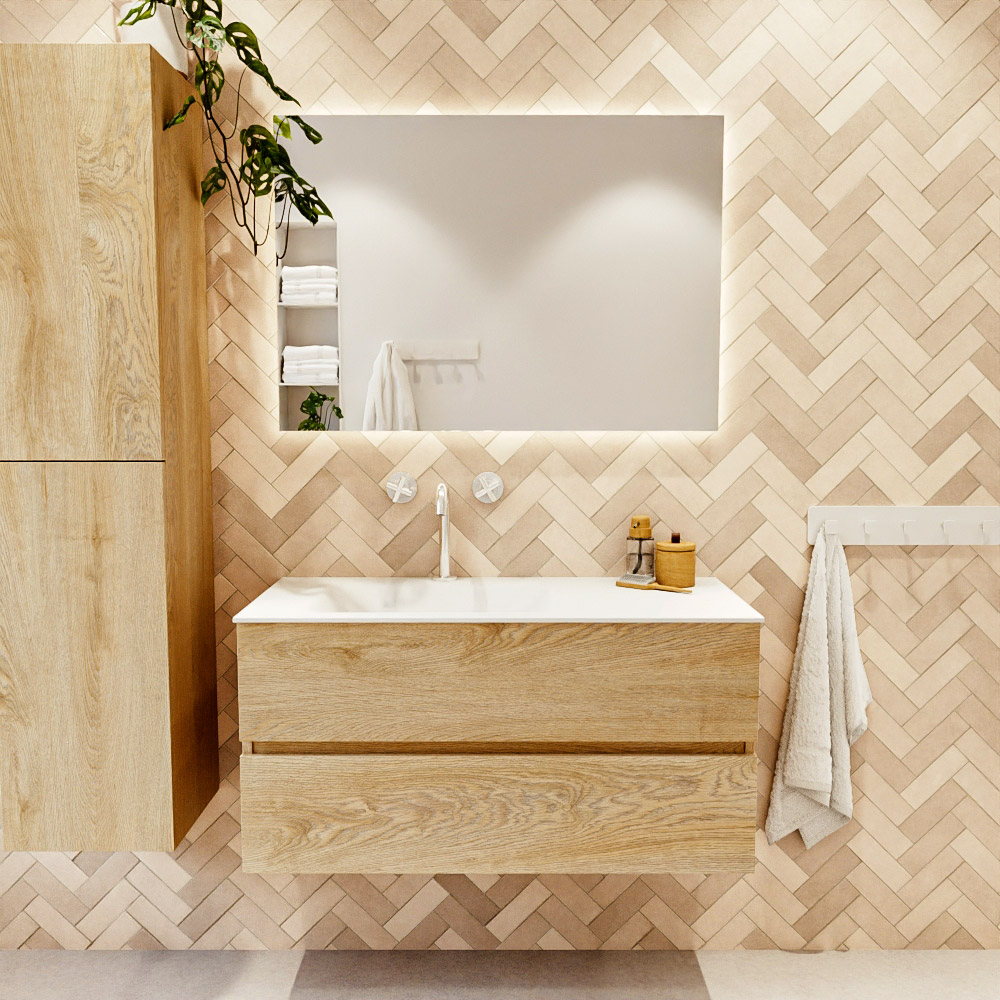 MONDIAZ VICA 100cm mueble de baño Washed Oak 2 cajones. Lavabo CLOUD Izquierda 1 orificio, color Talc. 2 color Talc.