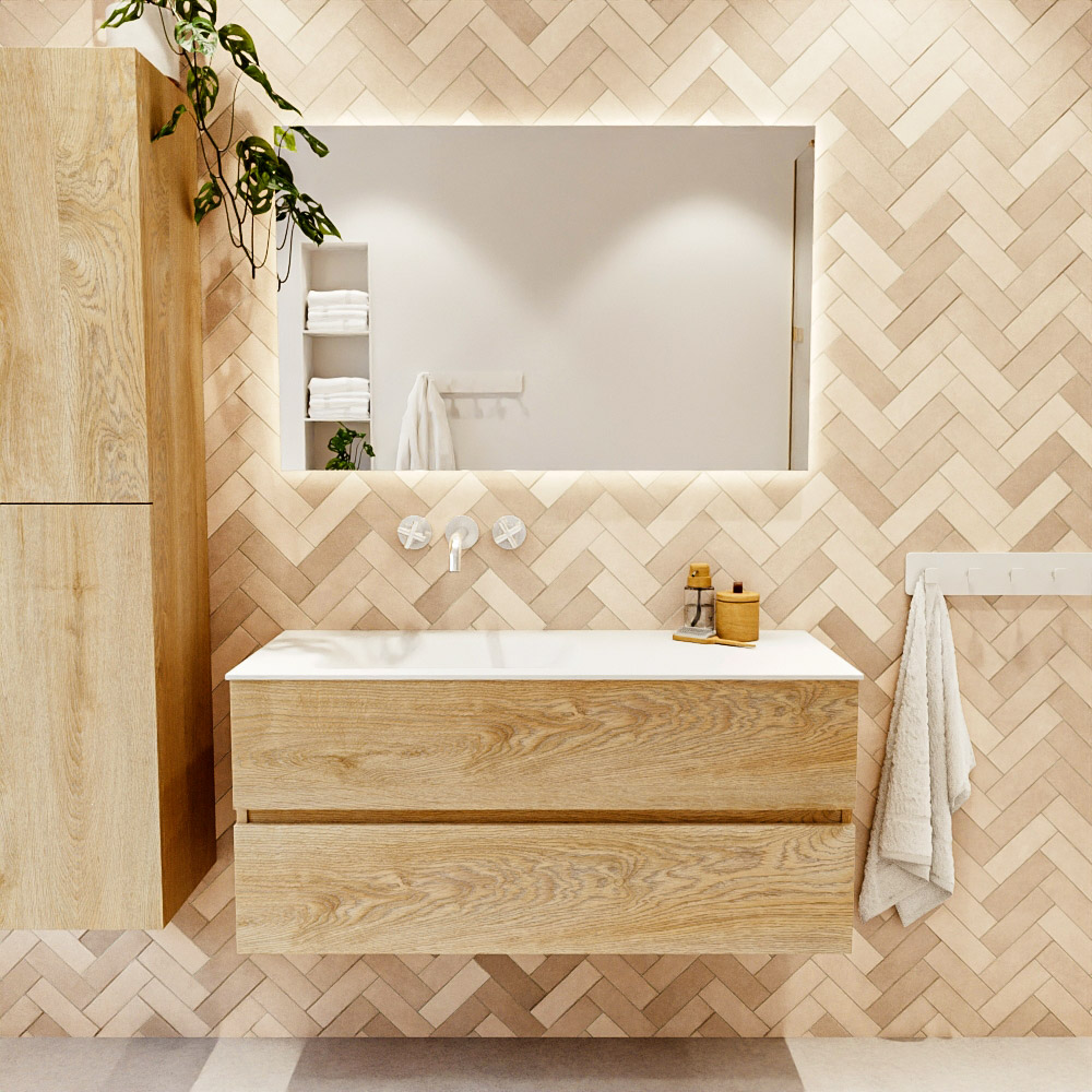 MONDIAZ VICA 110cm mueble de baño Washed Oak 2 cajones. Lavabo CLOUD Izquierda sin orificio, color Talc. 2 color Talc.