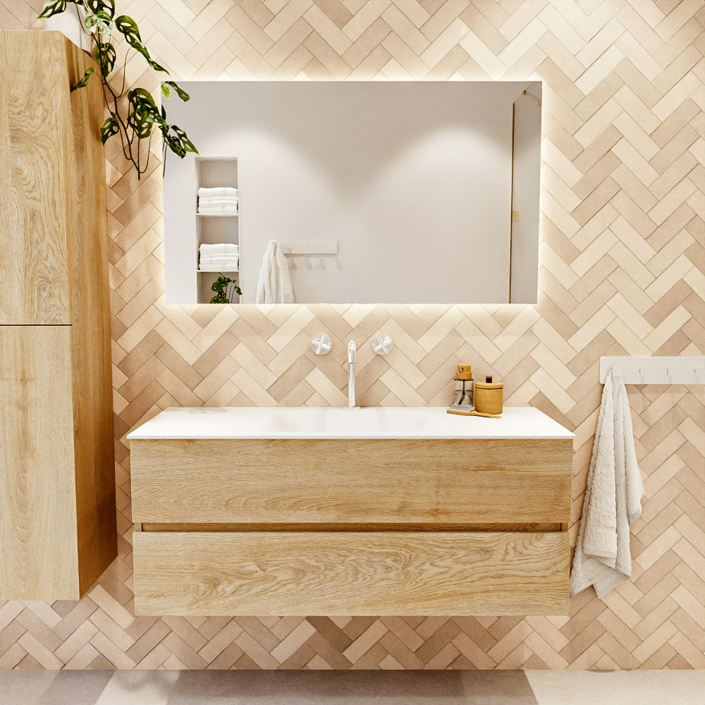 MONDIAZ VICA 120cm mueble de baño Washed Oak 2 cajones. Lavabo CLOUD Centro 1 orificio, color Talc. 2 color Talc.