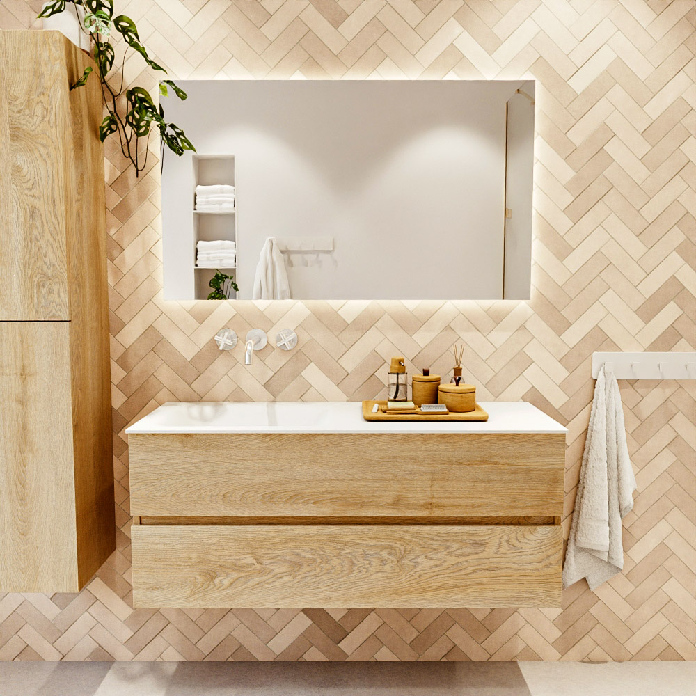 MONDIAZ VICA 120cm mueble de baño Washed Oak 2 cajones. Lavabo CLOUD Izquierda sin orificio, color Talc. 2 color Talc.