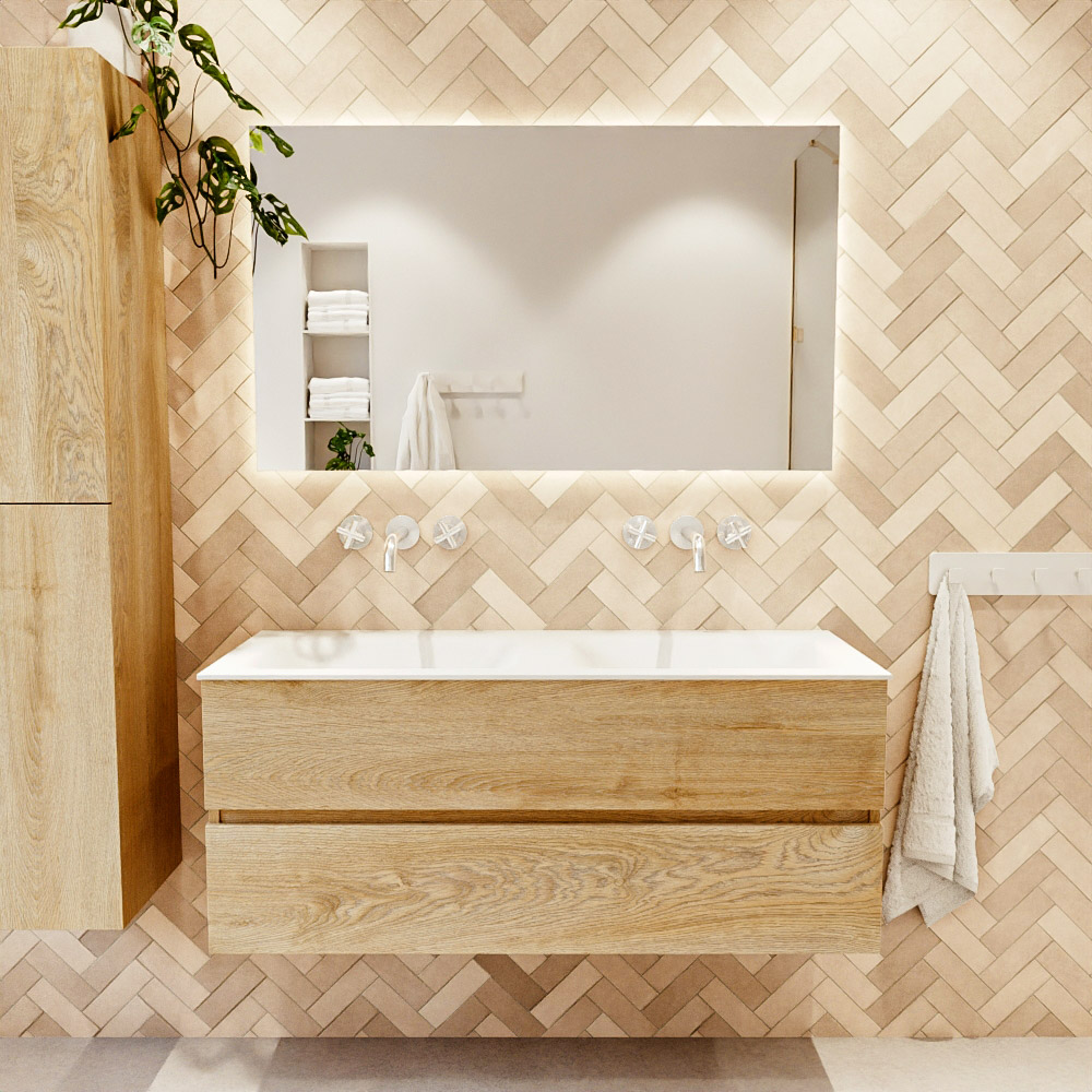 MONDIAZ VICA 120cm mueble de baño Washed Oak 2 cajones. Lavabo CLOUD Doble sin orificio, color Talc. 2 color Talc.