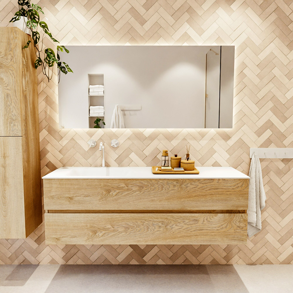 MONDIAZ VICA 150cm mueble de baño Washed Oak 2 cajones. Lavabo CLOUD Izquierda 1 orificio, color Talc. 2 color Talc.