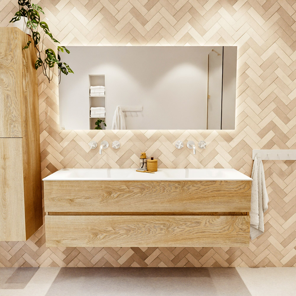 MONDIAZ VICA 150cm mueble de baño Washed Oak 2 cajones. Lavabo CLOUD Doble sin orificio, color Talc. 2 color Talc.