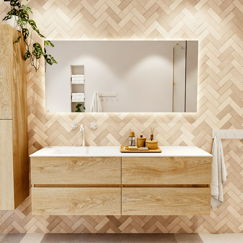 MONDIAZ VICA 150cm mueble de baño Washed Oak 4 cajones. Lavabo CLOUD Izquierda 1 orificio, color Talc. 2 color Talc.
