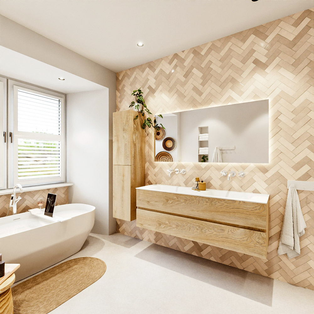 MONDIAZ VICA 150cm mueble de baño Washed Oak 2 cajones. Lavabo CLOUD Doble sin orificio, color Talc. 4 MONDIAZ VICA 150cm mueble de baño Washed Oak 2 cajones. Lavabo CLOUD Doble sin orificio, color Talc. - Imagen 4