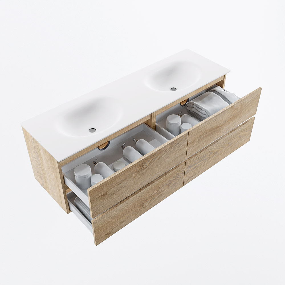 MONDIAZ VICA 150cm mueble de baño Washed Oak 4 cajones. Lavabo MOON Doble sin orificio, color Talc. 7 MONDIAZ VICA 150cm mueble de baño Washed Oak 4 cajones. Lavabo MOON Doble sin orificio, color Talc. - Imagen 7