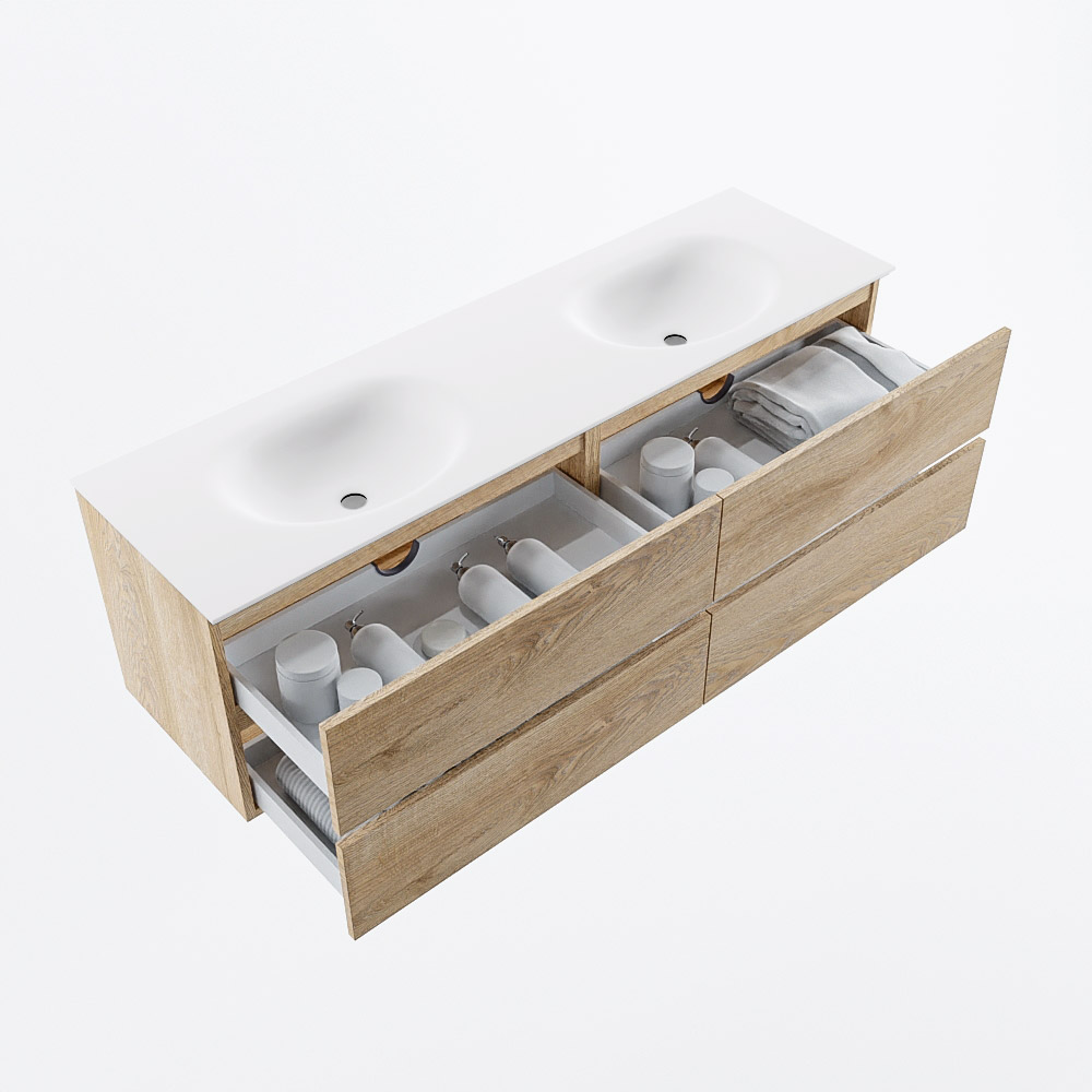 MONDIAZ VICA 160cm mueble de baño Washed Oak 4 cajones. Lavabo MOON Doble 2 orificios, color Talc. 7 MONDIAZ VICA 160cm mueble de baño Washed Oak 4 cajones. Lavabo MOON Doble 2 orificios, color Talc. - Imagen 7