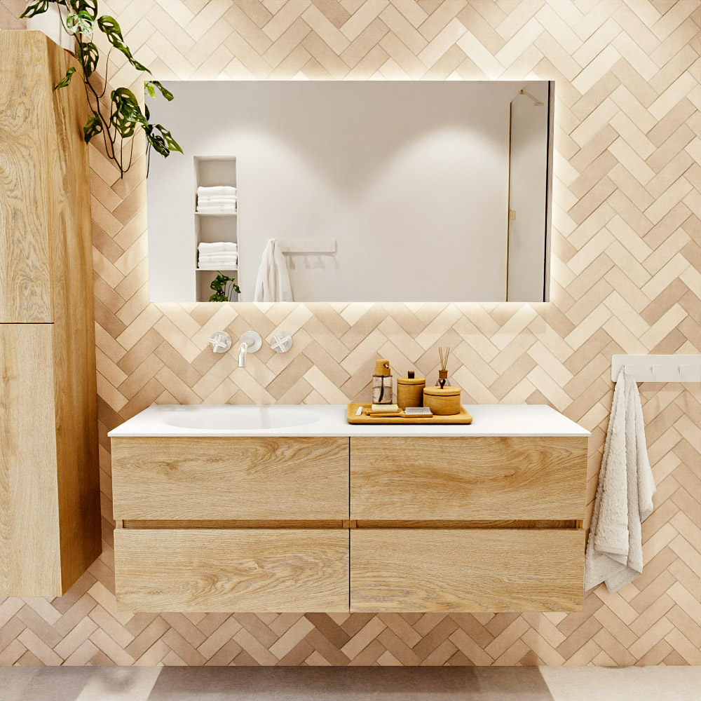 MONDIAZ VICA 130cm mueble de baño Washed Oak 4 cajones. Lavabo MOON Izquierda sin orificio, color Talc. 2 color Talc.