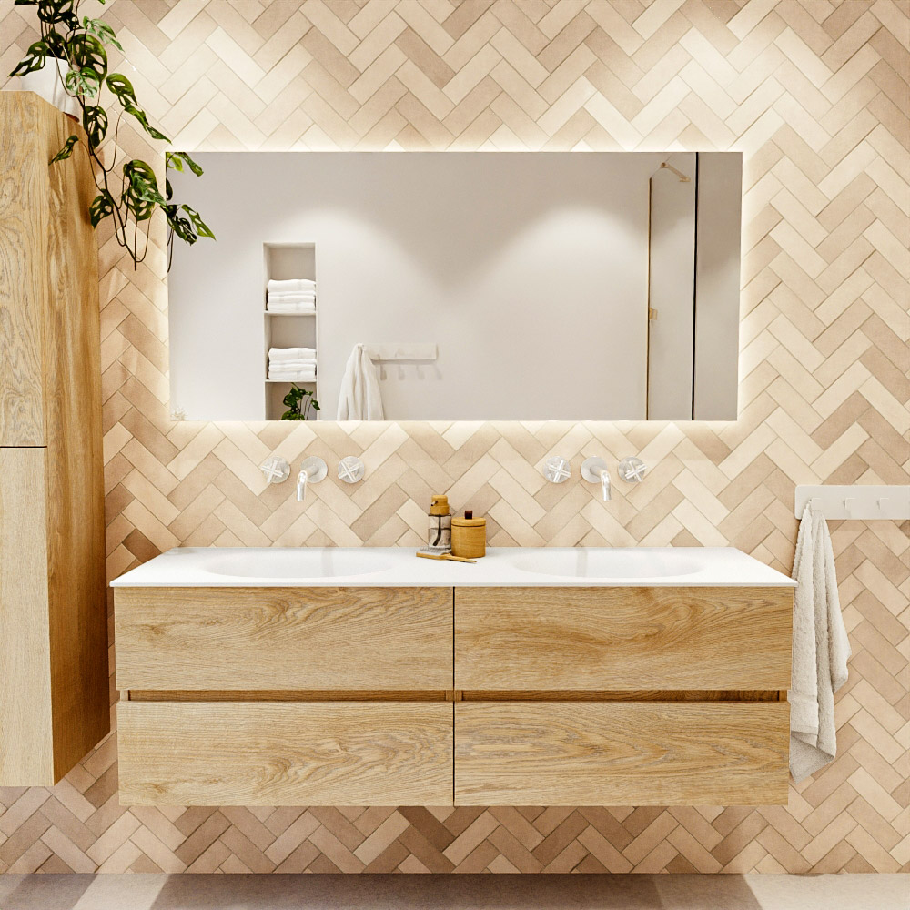 MONDIAZ VICA 150cm mueble de baño Washed Oak 4 cajones. Lavabo MOON Doble sin orificio, color Talc. 2 color Talc.