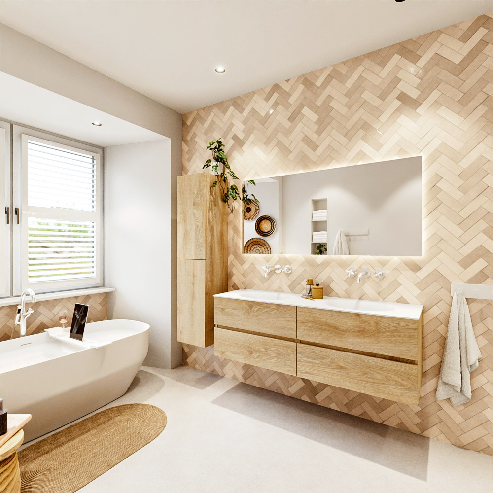 MONDIAZ VICA 150cm mueble de baño Washed Oak 4 cajones. Lavabo MOON Doble sin orificio, color Talc. 4 MONDIAZ VICA 150cm mueble de baño Washed Oak 4 cajones. Lavabo MOON Doble sin orificio, color Talc. - Imagen 4