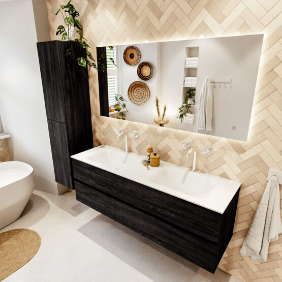 MONDIAZ VICA 150cm mueble de baño Antracite 2 cajones. Lavabo CLOUD Doble 2 orificios