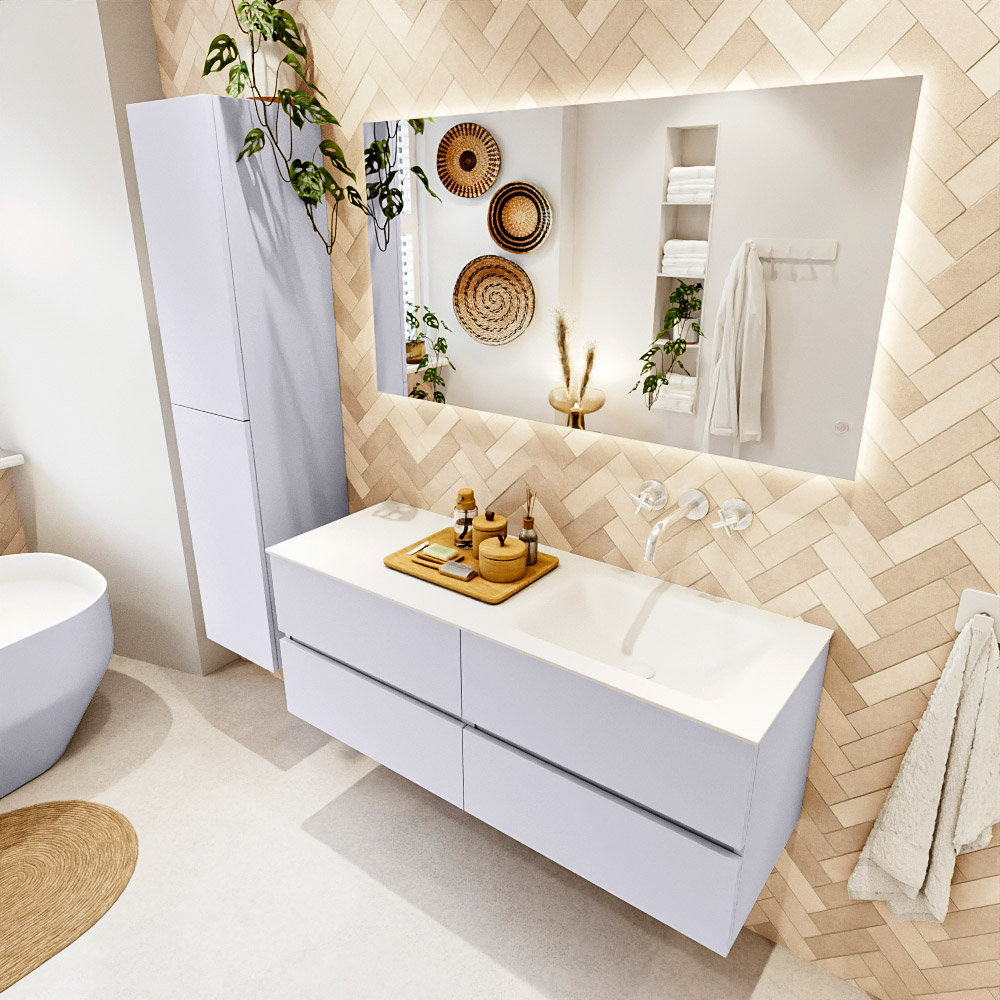MONDIAZ VICA 130cm mueble de baño Cale 4 cajones. Lavabo CLOUD Derecho sin orificio, color Talc. 1 MONDIAZ VICA 130cm mueble de baño Cale 4 cajones. Lavabo CLOUD Derecho sin orificio