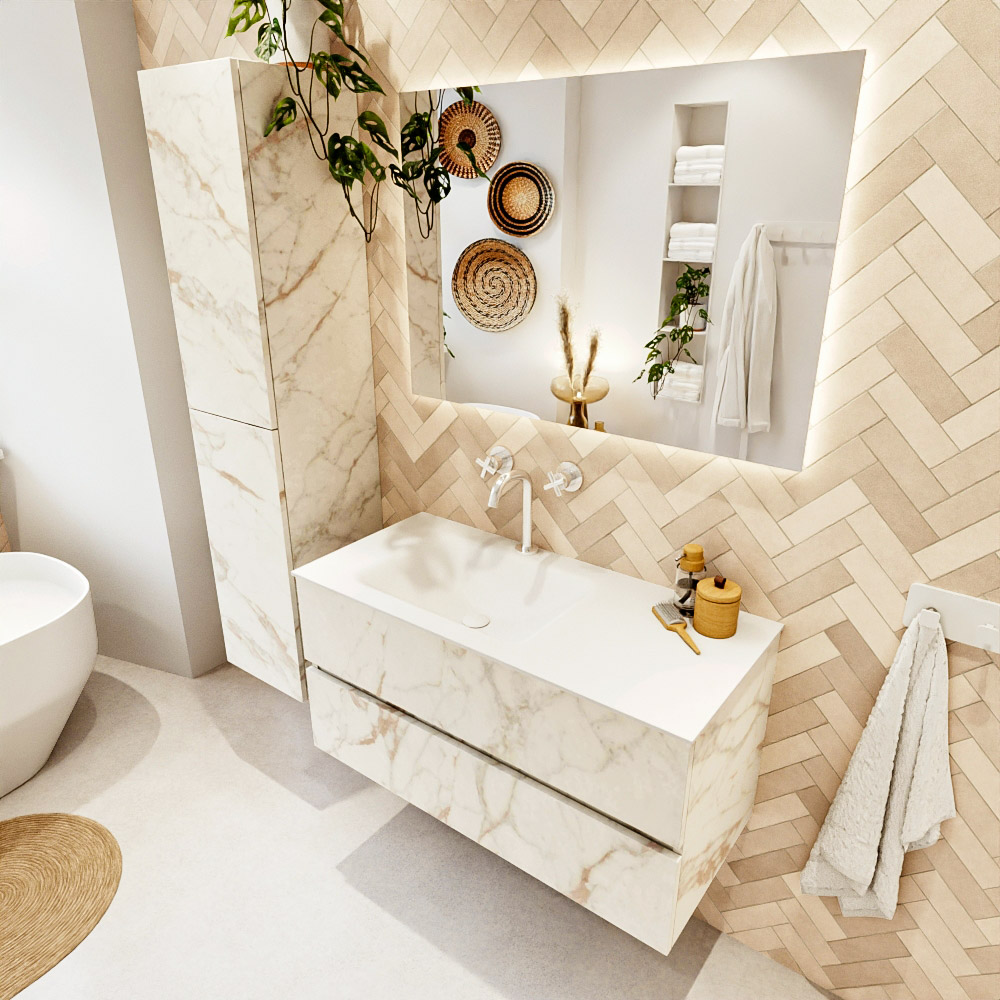 MONDIAZ VICA 100cm mueble de baño Carrara 2 cajones. Lavabo CLOUD Izquierda 1 orificio