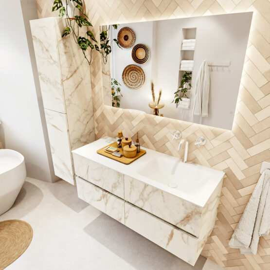 MONDIAZ VICA 120cm mueble de baño Carrara 4 cajones. Lavabo CLOUD Derecho 1 orificio