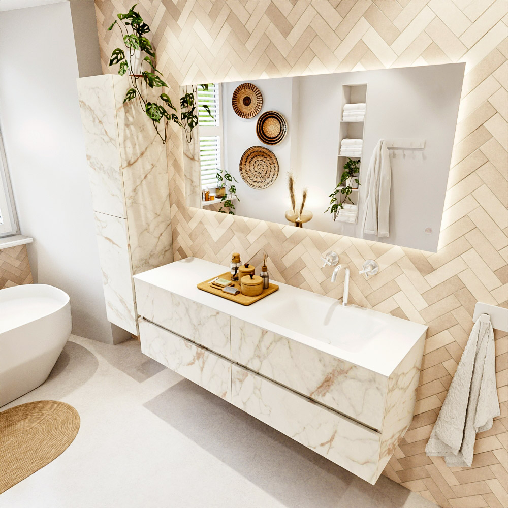 MONDIAZ VICA 150cm mueble de baño Carrara 4 cajones. Lavabo CLOUD Derecho 1 orificio, color Talc. 1 MONDIAZ VICA 150cm mueble de baño Carrara 4 cajones. Lavabo CLOUD Derecho 1 orificio