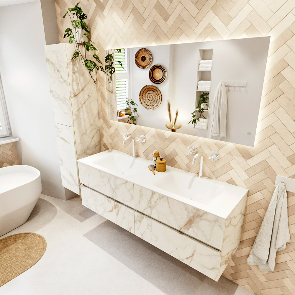 MONDIAZ VICA 150cm mueble de baño Carrara 4 cajones. Lavabo CLOUD Doble 2 orificios, color Talc. 1 MONDIAZ VICA 150cm mueble de baño Carrara 4 cajones. Lavabo CLOUD Doble 2 orificios