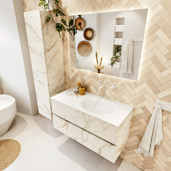 MONDIAZ VICA 100cm mueble de baño Carrara 2 cajones. Lavabo MOON Derecho sin orificio