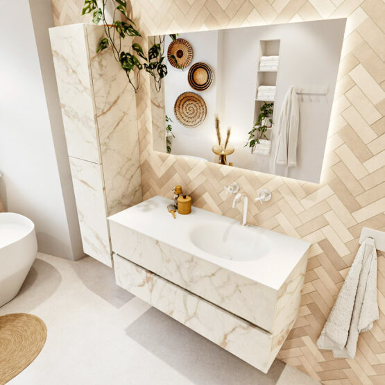 MONDIAZ VICA 110cm mueble de baño Carrara 2 cajones. Lavabo MOON Derecho 1 orificio