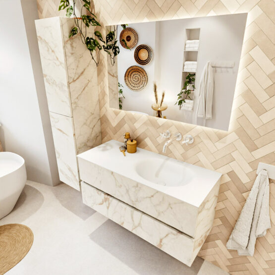 MONDIAZ VICA 110cm mueble de baño Carrara 2 cajones. Lavabo MOON Derecho sin orificio