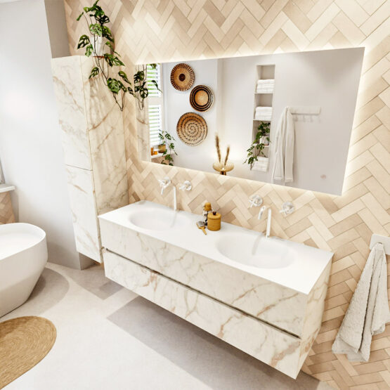 MONDIAZ VICA 150cm mueble de baño Carrara 2 cajones. Lavabo MOON Doble 2 orificios