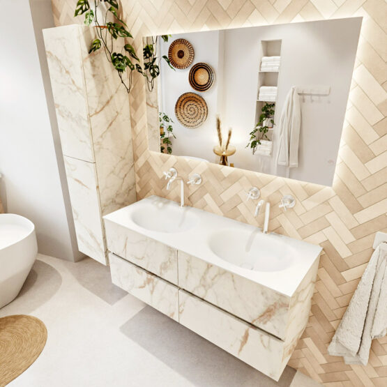 MONDIAZ VICA 120cm mueble de baño Carrara 4 cajones. Lavabo MOON Doble 2 orificios