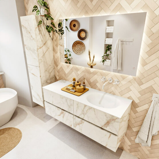 MONDIAZ VICA 130cm mueble de baño Carrara 4 cajones. Lavabo MOON Derecho sin orificio