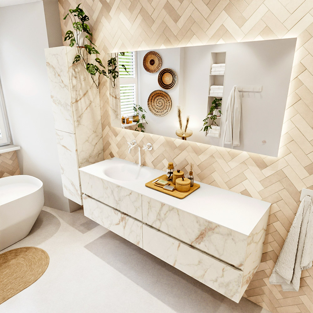 MONDIAZ VICA 160cm mueble de baño Carrara 4 cajones. Lavabo MOON Izquierda 1 orificio, color Talc. 1 MONDIAZ VICA 160cm mueble de baño Carrara 4 cajones. Lavabo MOON Izquierda 1 orificio