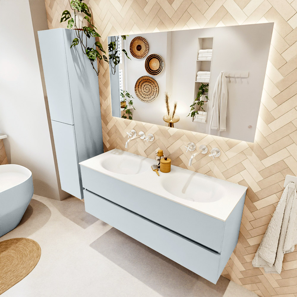 MONDIAZ VICA 130cm mueble de baño Clay 2 cajones. Lavabo MOON Doble sin orificio, color Talc. 1 MONDIAZ VICA 130cm mueble de baño Clay 2 cajones. Lavabo MOON Doble sin orificio