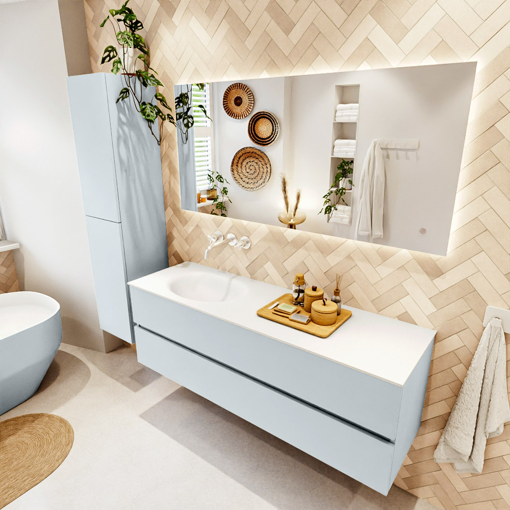 MONDIAZ VICA 150cm mueble de baño Clay 2 cajones. Lavabo MOON Izquierda sin orificio, color Talc. 1 MONDIAZ VICA 150cm mueble de baño Clay 2 cajones. Lavabo MOON Izquierda sin orificio