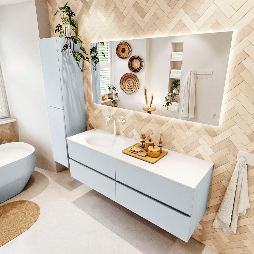 MONDIAZ VICA 150cm mueble de baño Clay 4 cajones. Lavabo MOON Izquierda 1 orificio, color Talc. 1 MONDIAZ VICA 150cm mueble de baño Clay 4 cajones. Lavabo MOON Izquierda 1 orificio
