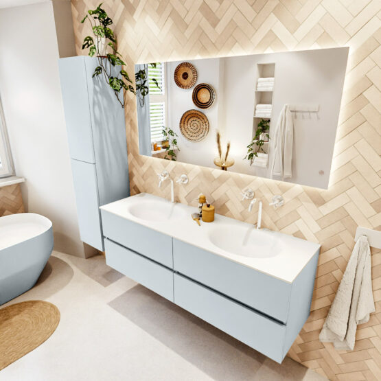 MONDIAZ VICA 150cm mueble de baño Clay 4 cajones. Lavabo MOON Doble 2 orificios