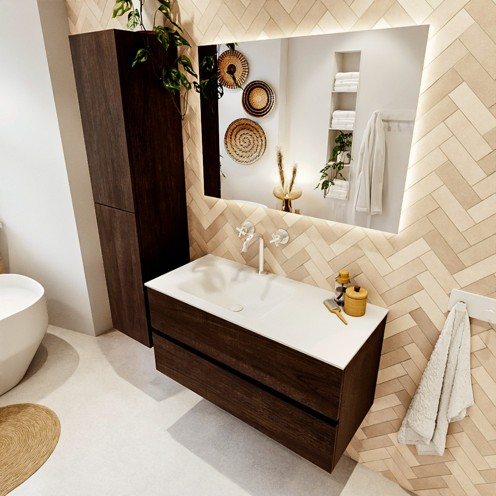 MONDIAZ VICA 100cm mueble de baño Dark Brown 2 cajones. Lavabo CLOUD Izquierda 1 orificio, color Talc. 1 MONDIAZ VICA 100cm mueble de baño Dark Brown 2 cajones. Lavabo CLOUD Izquierda 1 orificio
