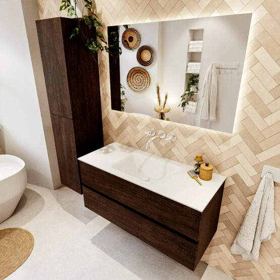 MONDIAZ VICA 110cm mueble de baño Dark Brown 2 cajones. Lavabo CLOUD Centro sin orificio