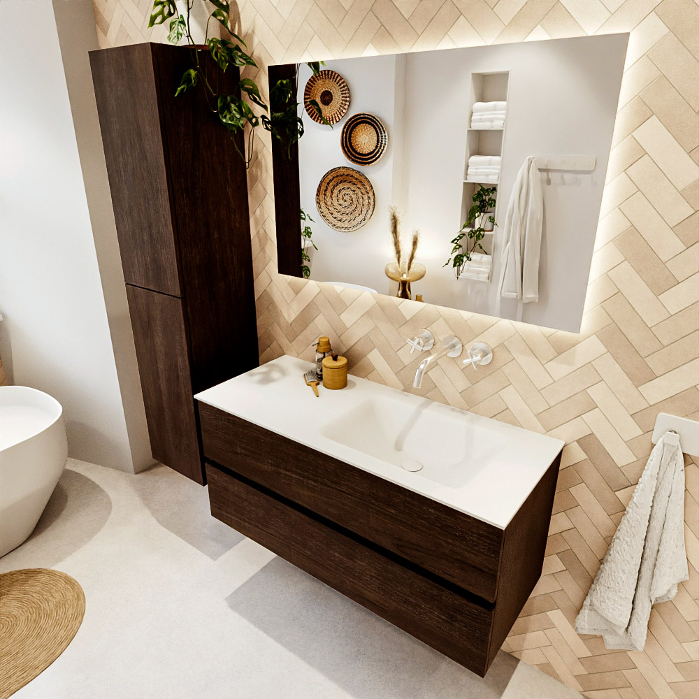 MONDIAZ VICA 110cm mueble de baño Dark Brown 2 cajones. Lavabo CLOUD Derecho sin orificio, color Talc. 1 MONDIAZ VICA 110cm mueble de baño Dark Brown 2 cajones. Lavabo CLOUD Derecho sin orificio