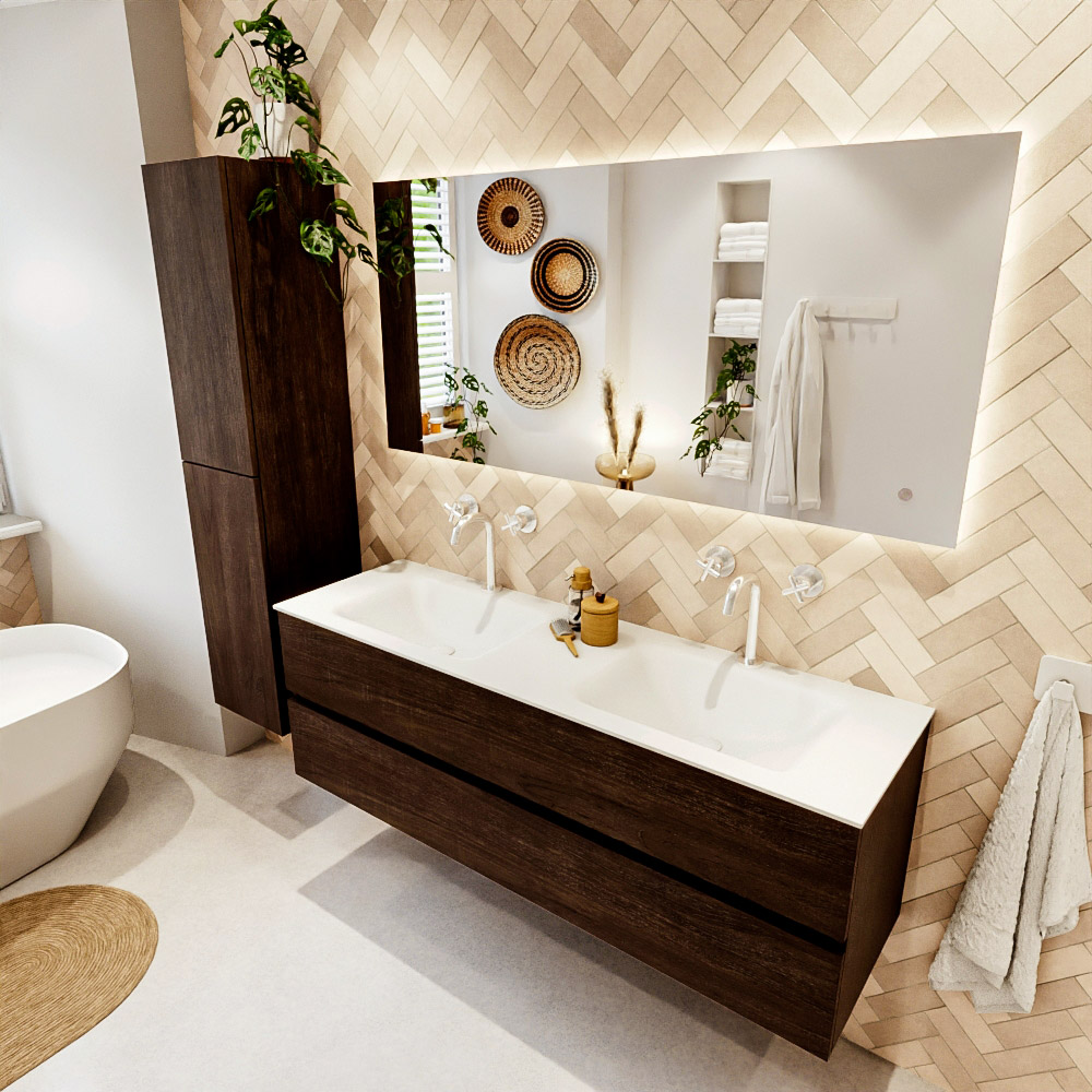 MONDIAZ VICA 150cm mueble de baño Dark Brown 2 cajones. Lavabo CLOUD Doble 2 orificios, color Talc. 1 MONDIAZ VICA 150cm mueble de baño Dark Brown 2 cajones. Lavabo CLOUD Doble 2 orificios
