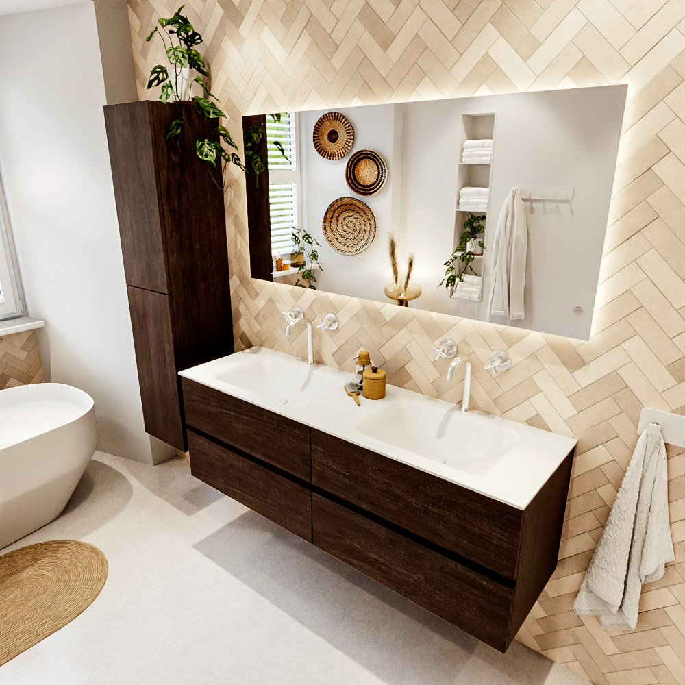 MONDIAZ VICA 150cm mueble de baño Dark Brown 4 cajones. Lavabo CLOUD Doble 2 orificios, color Talc. 1 MONDIAZ VICA 150cm mueble de baño Dark Brown 4 cajones. Lavabo CLOUD Doble 2 orificios