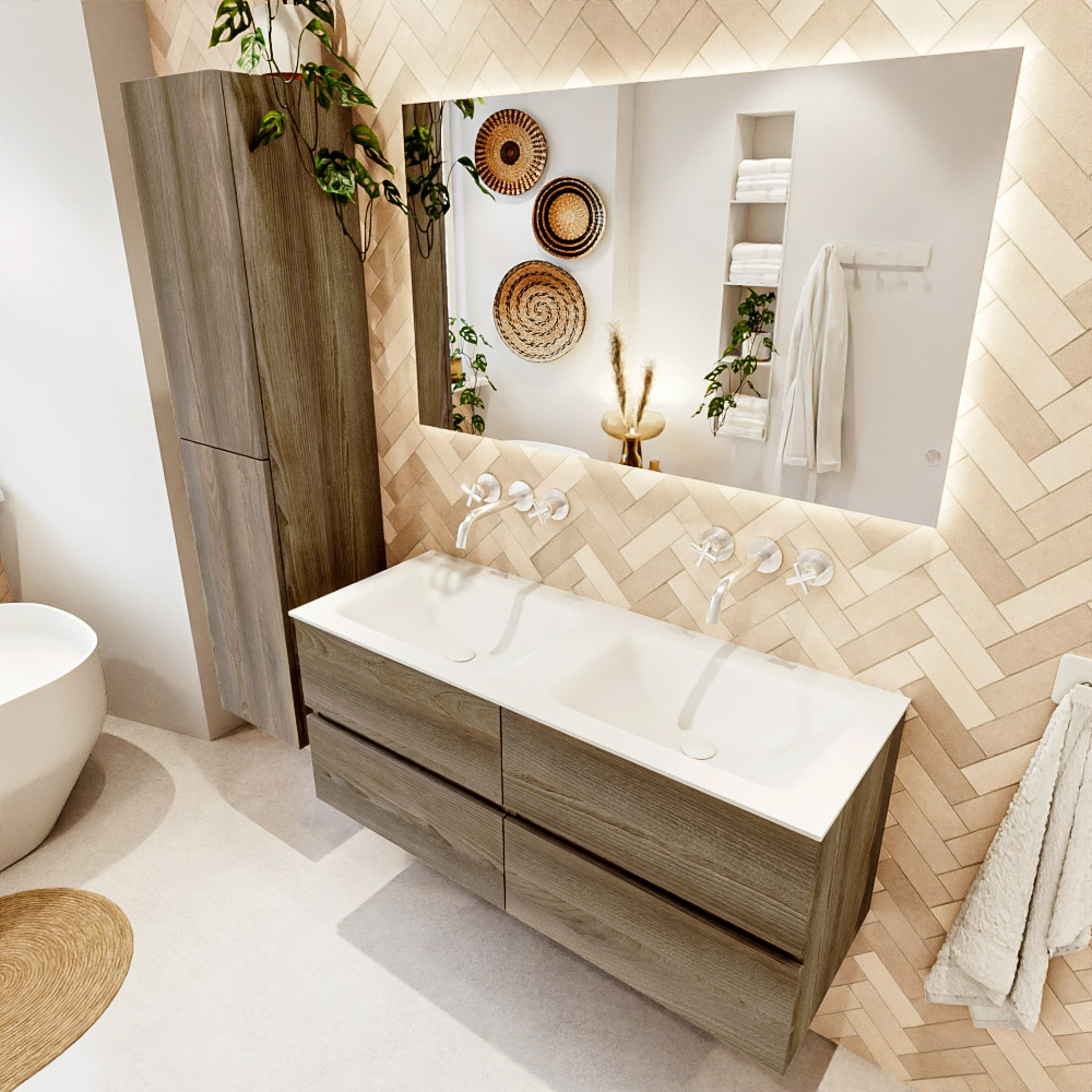 MONDIAZ VICA 120cm mueble de baño Dark Brown Grey 4 cajones. Lavabo CLOUD Doble sin orificio, color Talc. 1 MONDIAZ VICA 120cm mueble de baño Dark Brown Grey 4 cajones. Lavabo CLOUD Doble sin orificio