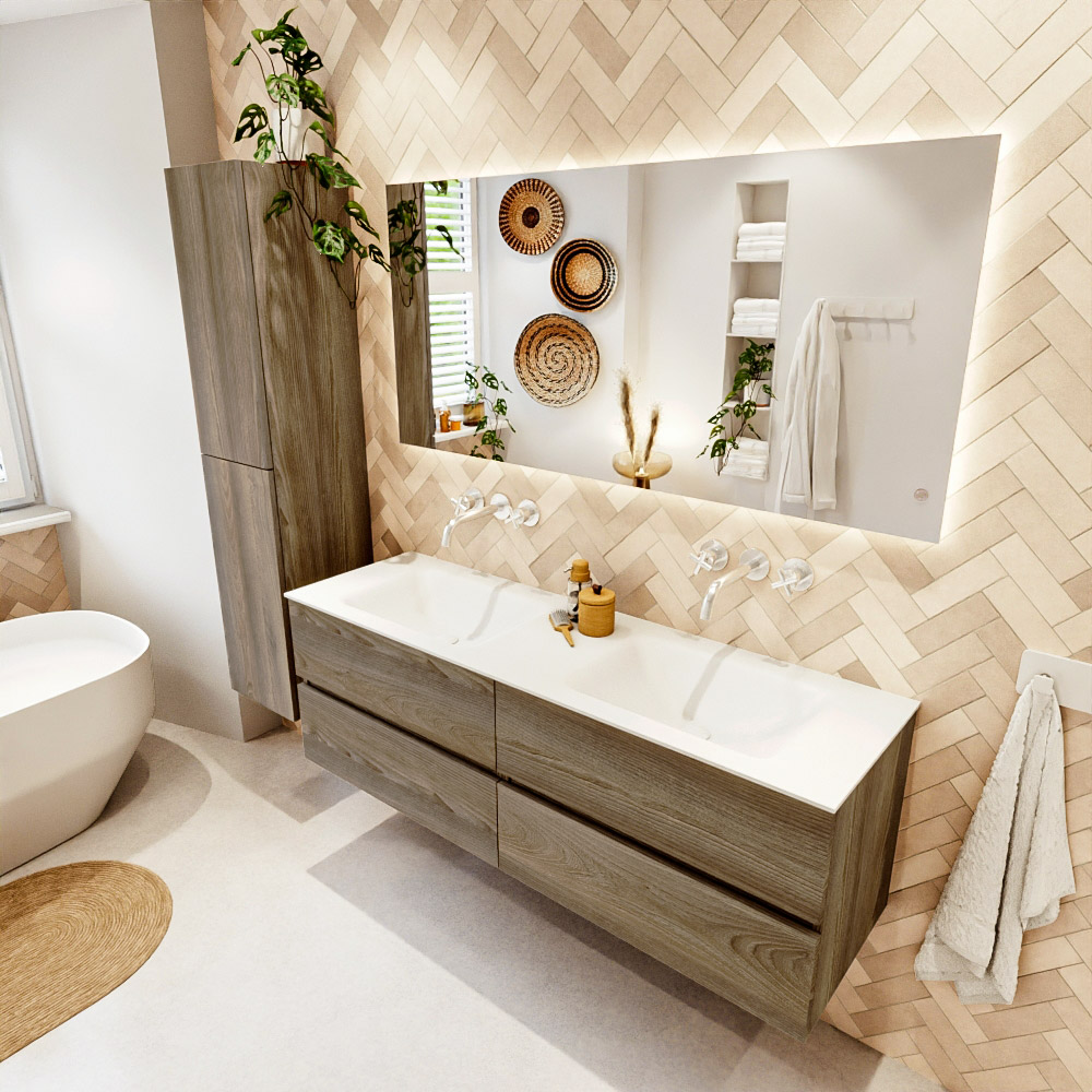 MONDIAZ VICA 150cm mueble de baño Dark Brown Grey 4 cajones. Lavabo CLOUD Doble sin orificio, color Talc. 1 MONDIAZ VICA 150cm mueble de baño Dark Brown Grey 4 cajones. Lavabo CLOUD Doble sin orificio