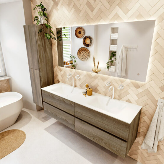 MONDIAZ VICA 160cm mueble de baño Dark Brown Grey 4 cajones. Lavabo CLOUD Doble 2 orificios