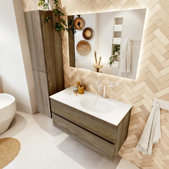 MONDIAZ VICA 100cm mueble de baño Dark Brown Grey 2 cajones. Lavabo MOON Derecho 1 orificio