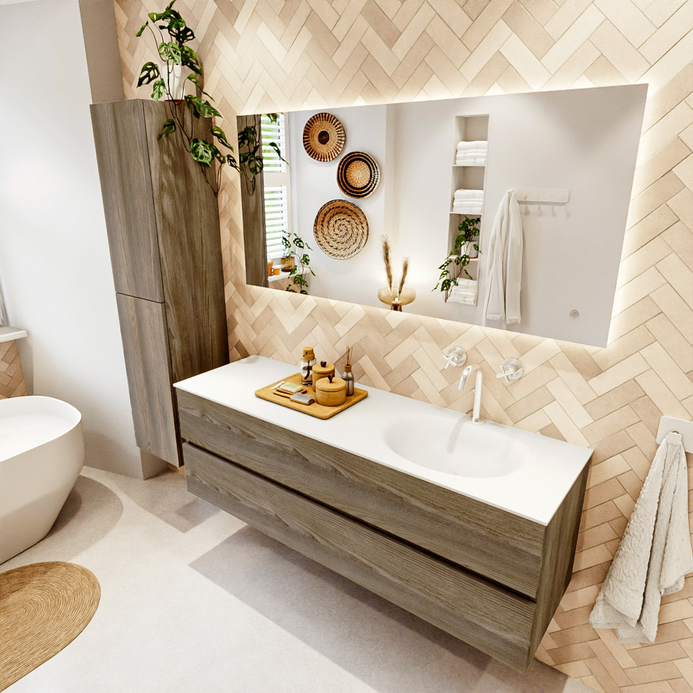 MONDIAZ VICA 150cm mueble de baño Dark Brown Grey 2 cajones. Lavabo MOON Derecho 1 orificio, color Talc. 1 MONDIAZ VICA 150cm mueble de baño Dark Brown Grey 2 cajones. Lavabo MOON Derecho 1 orificio
