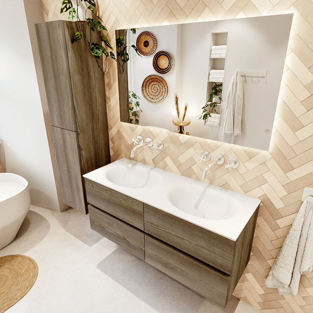 MONDIAZ VICA 120cm mueble de baño Dark Brown Grey 4 cajones. Lavabo MOON Doble sin orificio, color Talc. 1 MONDIAZ VICA 120cm mueble de baño Dark Brown Grey 4 cajones. Lavabo MOON Doble sin orificio