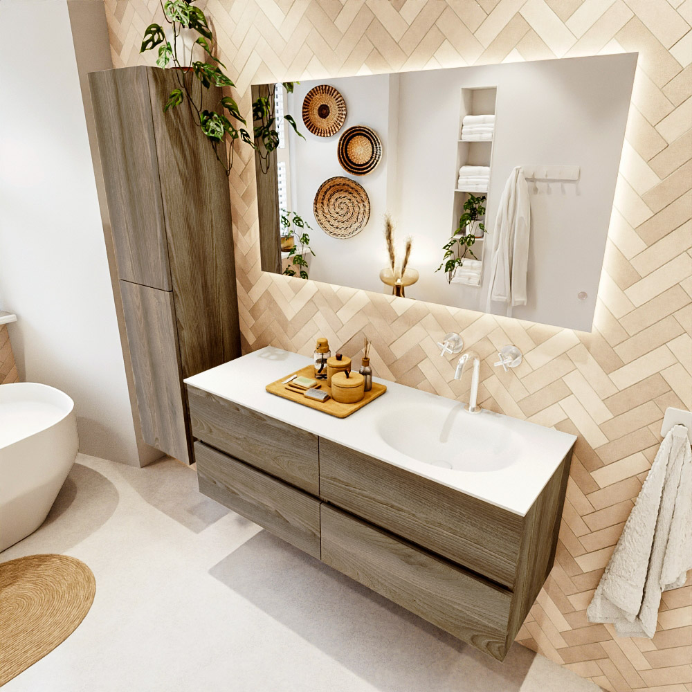 MONDIAZ VICA 130cm mueble de baño Dark Brown Grey 4 cajones. Lavabo MOON Derecho 1 orificio, color Talc. 1 MONDIAZ VICA 130cm mueble de baño Dark Brown Grey 4 cajones. Lavabo MOON Derecho 1 orificio
