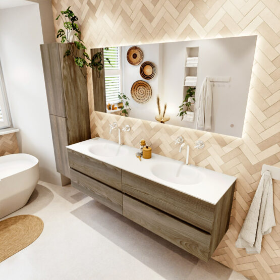 MONDIAZ VICA 170cm mueble de baño Dark Brown Grey 4 cajones. Lavabo MOON Doble 2 orificios