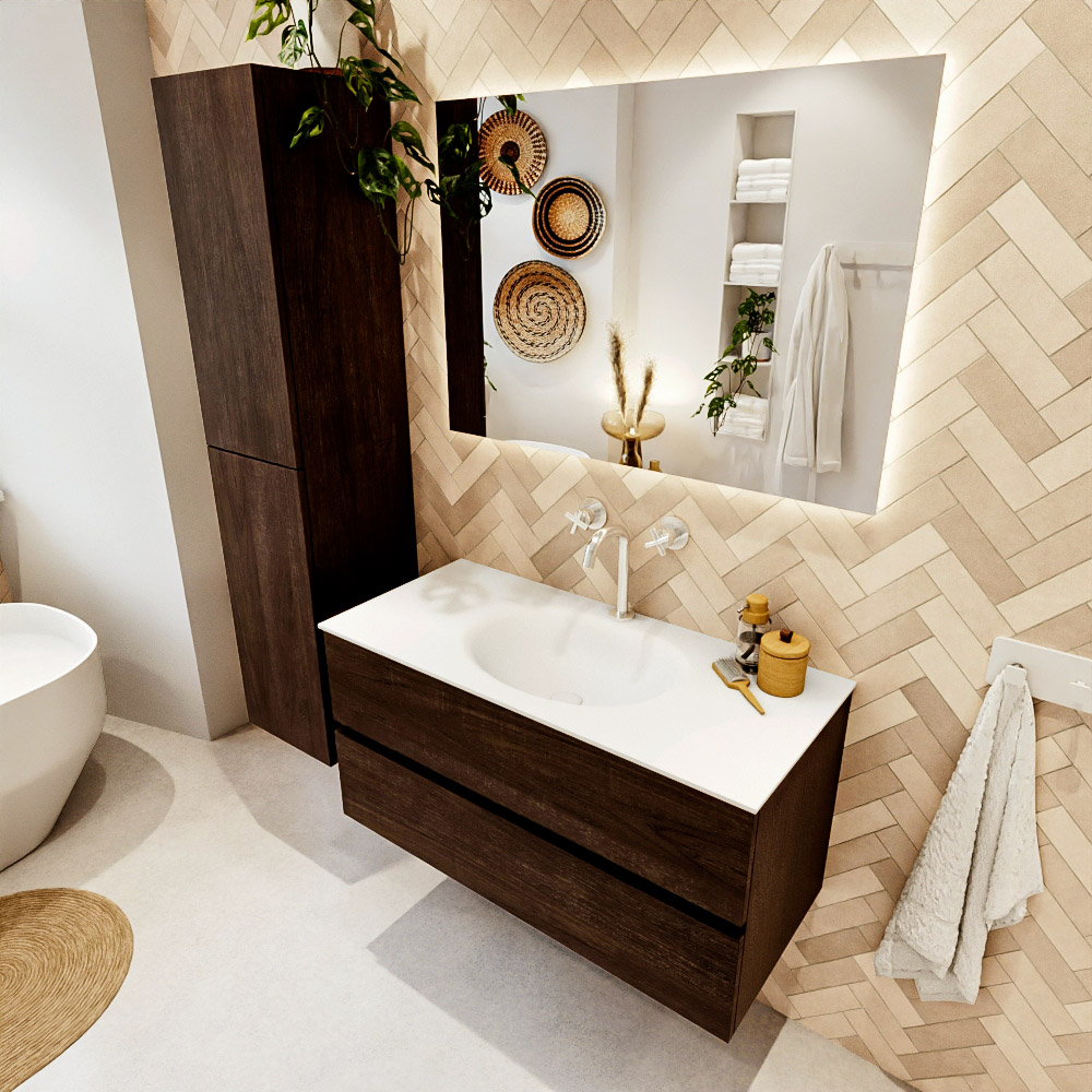 MONDIAZ VICA 100cm mueble de baño Dark Brown 2 cajones. Lavabo MOON Centro 1 orificio, color Talc. 1 MONDIAZ VICA 100cm mueble de baño Dark Brown 2 cajones. Lavabo MOON Centro 1 orificio