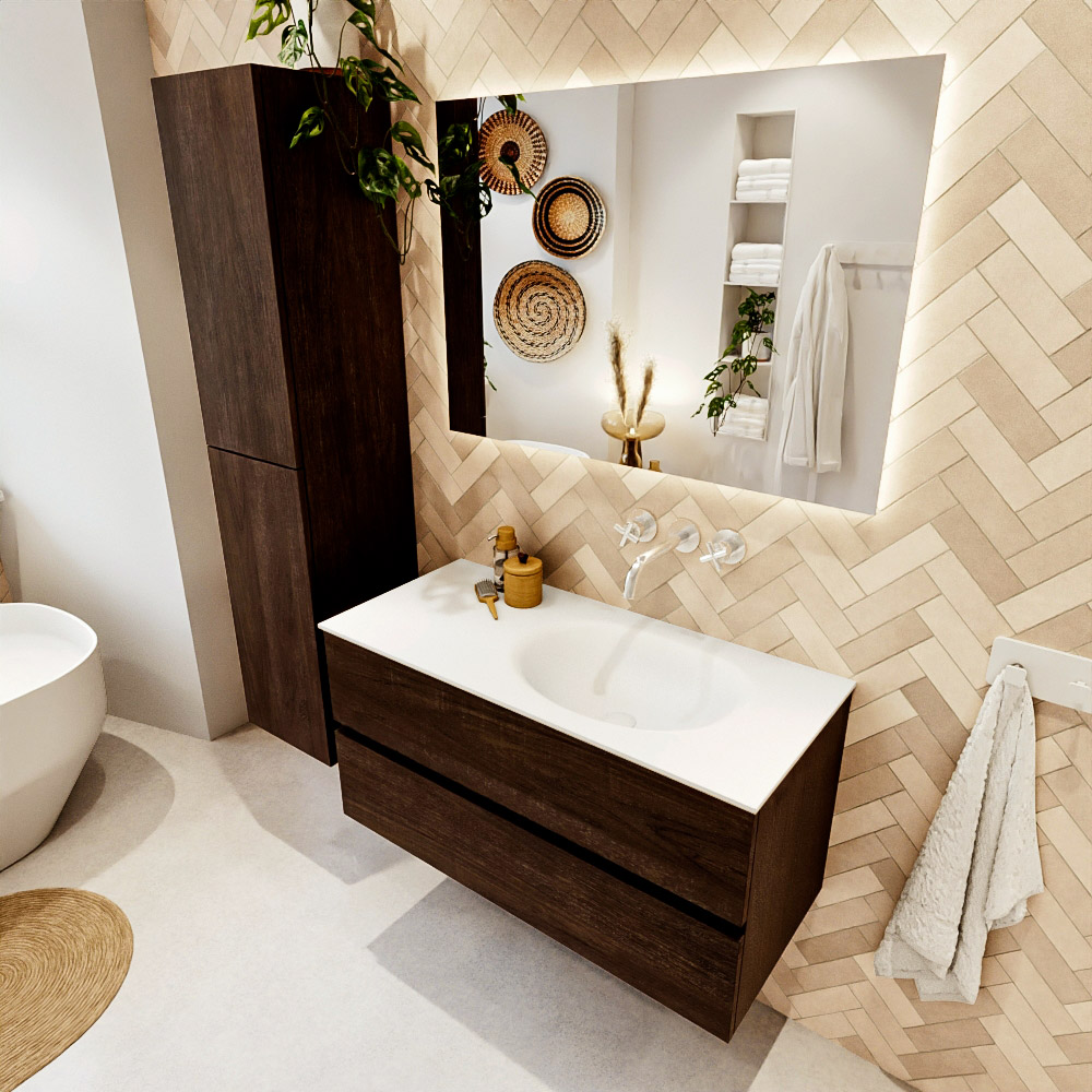 MONDIAZ VICA 100cm mueble de baño Dark Brown 2 cajones. Lavabo MOON Derecho sin orificio, color Talc. 1 MONDIAZ VICA 100cm mueble de baño Dark Brown 2 cajones. Lavabo MOON Derecho sin orificio